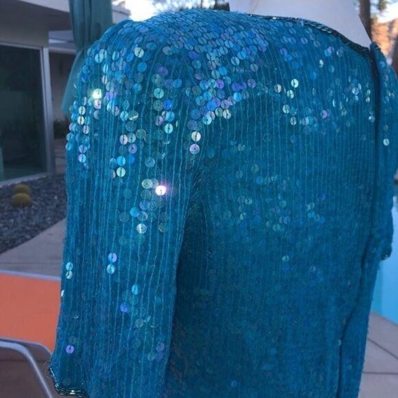 Saks Fifth Avenue Silk Top Small S Womens Vintage Blue Sequin Short Sleeve - Picture 6 of 12